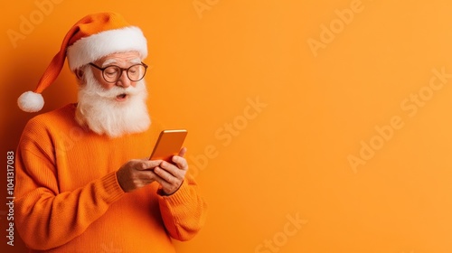 Orange-clad Santa intrigued by phone on vivid orange. photo