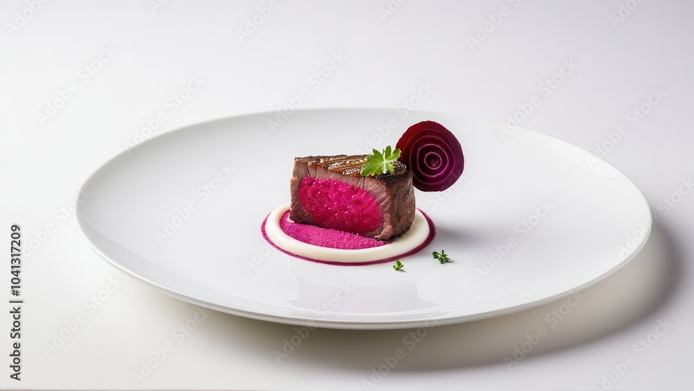 Gourmet dish featuring seared beef with a beetroot center, garnished with sliced beet and served with creamy sauce on a white plate Gourmet dish featuring seared beef with a beetroot center, garnished with sliced beet and served with creamy sauce on a white plate