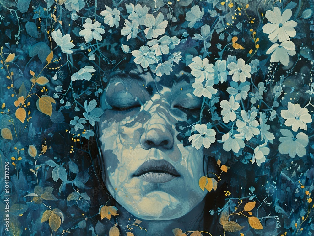 Dreamy Floral Portrait: Woman's Face Immersed in Nature Dreamy Floral Portrait: Woman's Face Immersed in Nature