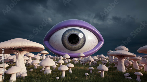 A photo of a hallucination scenery of a magic mushroom landscape with a giant eye. The ground is covered with large, white, mushroom-like objects.