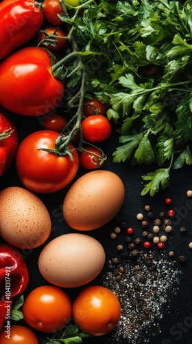 Fresh vegetables, eggs, and herbs arranged artfully on a dark surface, showcasing vibrant colors and natural textures.