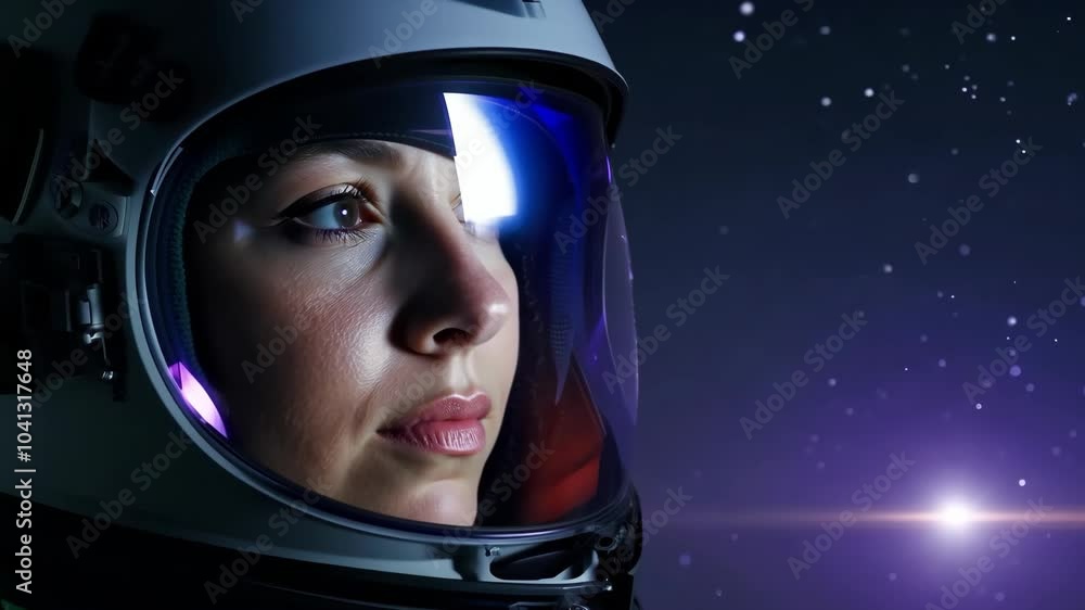 Focused female astronaut gazing into space in close-up helmet view Focused female astronaut gazing into space in close-up helmet view