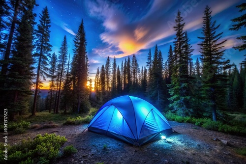 Blue Backpacking Tent in Forest Campsite - Night Photography