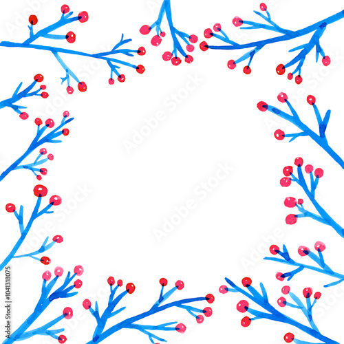 赤い木の実と青の枝の白バックフレーム