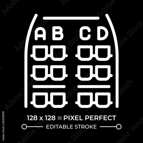 Airplane seat plan white linear icon for dark theme. Rows in cabin. Seat arrangements. For boarding and seat selection. Thin line illustration. Isolated symbol for night mode. Editable stroke