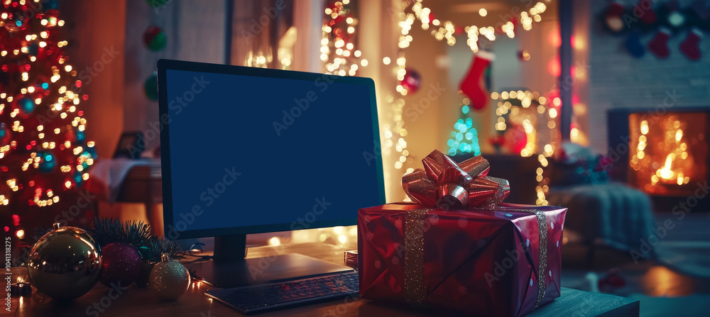 Cozy christmas evening at home a computer desk surrounded by festive decorations gifts and cheerful lights Cozy christmas evening at home a computer desk surrounded by festive decorations gifts and cheerful lights