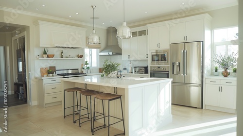 A modern, bright kitchen with white cabinets, stainless steel appliances, and a large kitchen island with two bar stools.