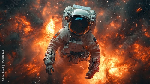 An astronaut floats in space, surrounded by a fiery nebula, with stars twinkling in the background.