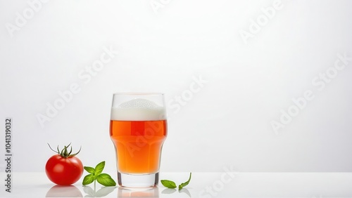 Glass of red drink with foam and basil garnish on light background photo