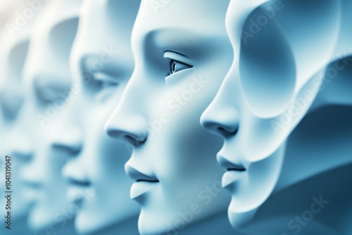 A collection of abstract human-like sculptures lined up in a serene, minimalist environment