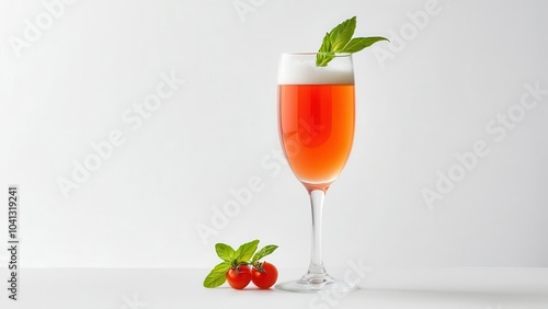 Glass of red drink with foam and basil garnish on light background photo