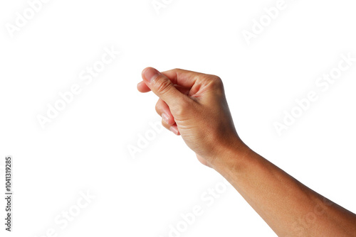 Asian man's hand reaching out to grab something on white background