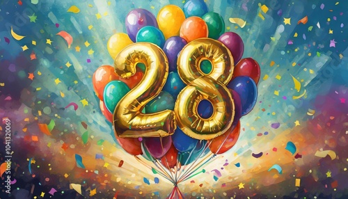 Birthday / anniversary balloon, number 28, colorful illustration with confetti and festive decoration photo