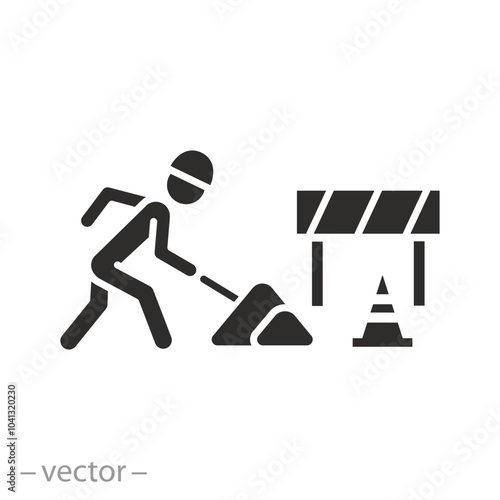 workman with shovel, road work icon, construction or maintenance, warning safety, flat vector illustration