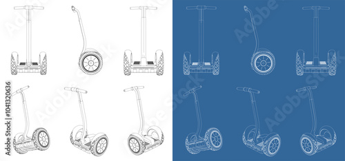 vector segway electric transport line art draw blueprint  from all view top corner side back isolated in transparent background
