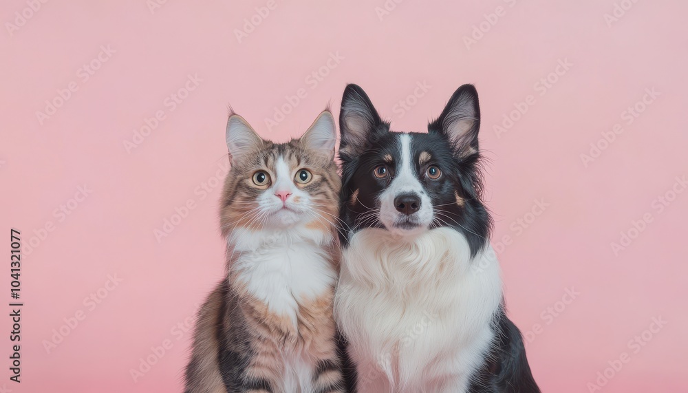 Playful Cat and Dog Sitting Together with Close Look Playful Cat and Dog Sitting Together with Close Look