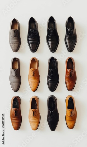 Twelve pairs of leather shoes in various colors.