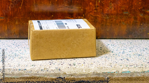 A delivered package at the doorstep of an apartment door.