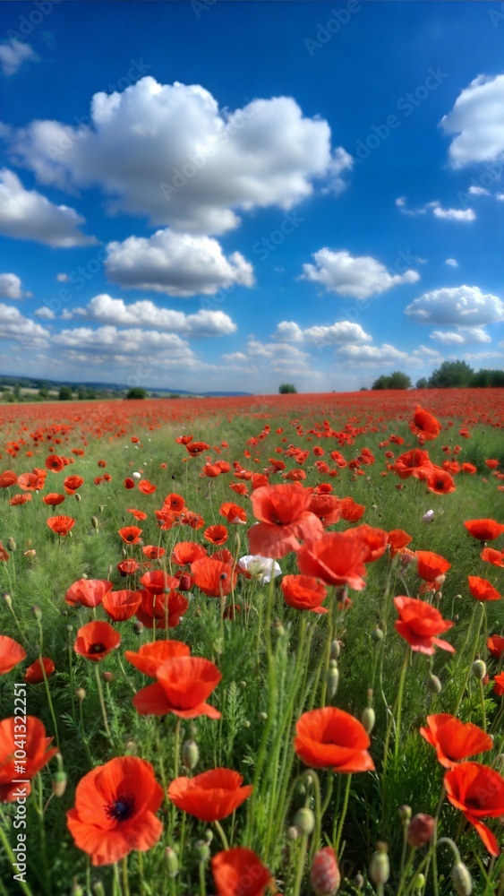 Stunning poppy flower field with vibrant red blooms under a blue sky filled with clouds Stunning poppy flower field with vibrant red blooms under a blue sky filled with clouds