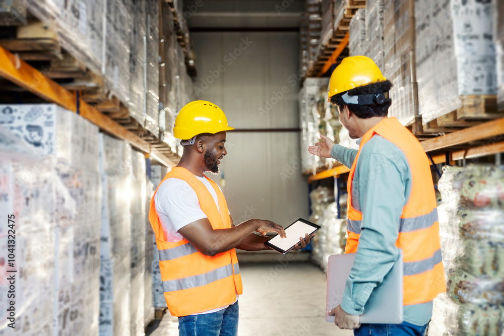 Multicultural storage staff standing at warehouse and going though checklist on tablet. Multicultural storage staff standing at warehouse and going though checklist on tablet.