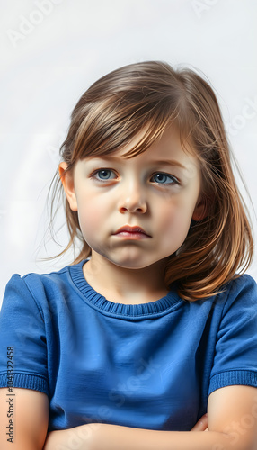 Sad nice young girl suffering from autism isolated with white highlights, png