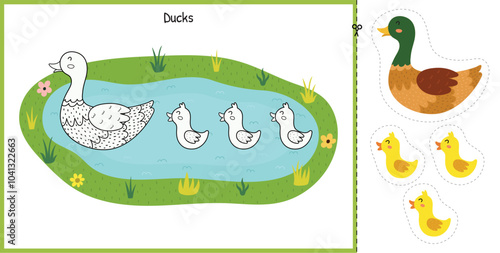 Cut and glue game with cute mother duck and her baby ducklings on the pond. Educational activity page for kids. Matching game for school and preschool. Vector illustration