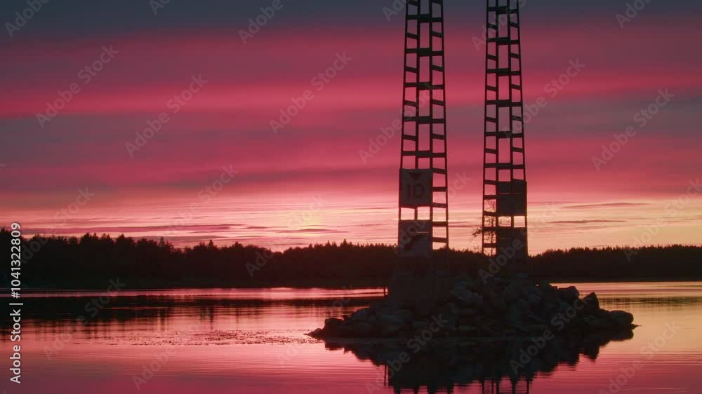 Pink Sky at Sunset and Silhouette of Power Line Tower, Midnight Sun in Piteå, Sweden Pink Sky at Sunset and Silhouette of Power Line Tower, Midnight Sun in Piteå, Sweden