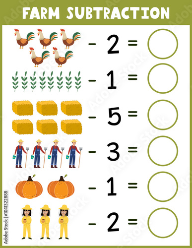 Farm subtraction worksheet for kids. Math activity page with cute farm characters. Calculate and write the result sheet for school and preschool. Vector illustration