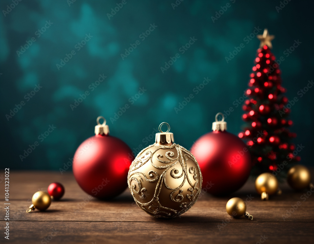 Festive Christmas scene. Golden intricate ornament in the center, surrounded by red ornaments and other smaller ornaments. Christmas tree in the background. Festive Christmas scene. Golden intricate ornament in the center, surrounded by red ornaments and other smaller ornaments. Christmas tree in the background.