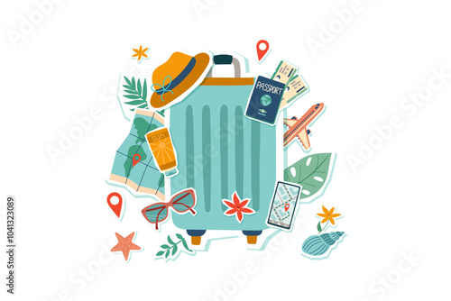 Travel collage. Summer and vacation concept. Suitcase with travel objects isolated on white. Travel destinations.