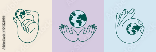 Vector illustration in flat linear minimal hand drawn simple style and logo design template - hands and planet earth - ecology concept