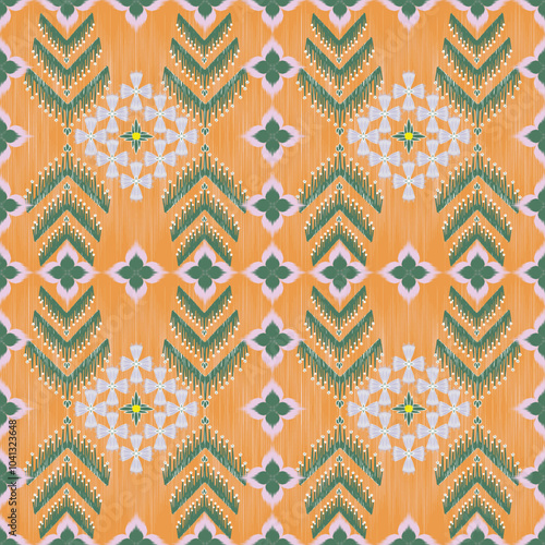 seamless Ikat flora pattern design for fabric curtain wallpaper mattresses carpet floor bed sheet bolster pillow blanket ceramic tile background wrapping ornament
