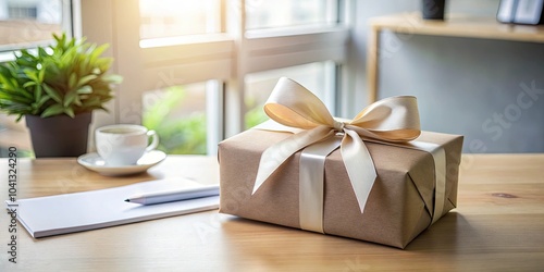Minimalist Gift Wrapped Present on Workplace Desk with Ribbon, Tag, and Note for Office Celebration, Holiday, or Birthday Surprise - Elegant and Simple Design