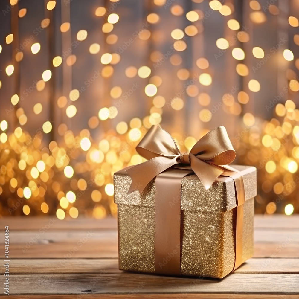 Christmas gift box with ribbon bow, festive gold decor on wooden table with glamour golden sparkling glitter bokeh. Merry Christmas and Happy New Year greeting card, seasonal winter holiday luxury set Christmas gift box with ribbon bow, festive gold decor on wooden table with glamour golden sparkling glitter bokeh. Merry Christmas and Happy New Year greeting card, seasonal winter holiday luxury set