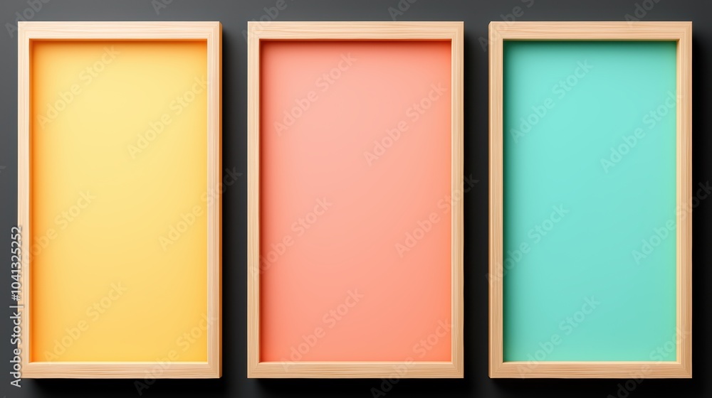 Fototapeta premium Three wooden-framed images with pastel-colored backgrounds: yellow, coral, and teal, set against a dark surface.