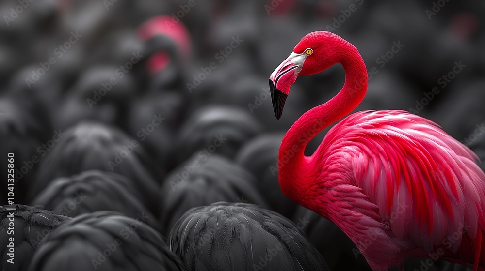 Fototapeta premium red flamingo among black ones 