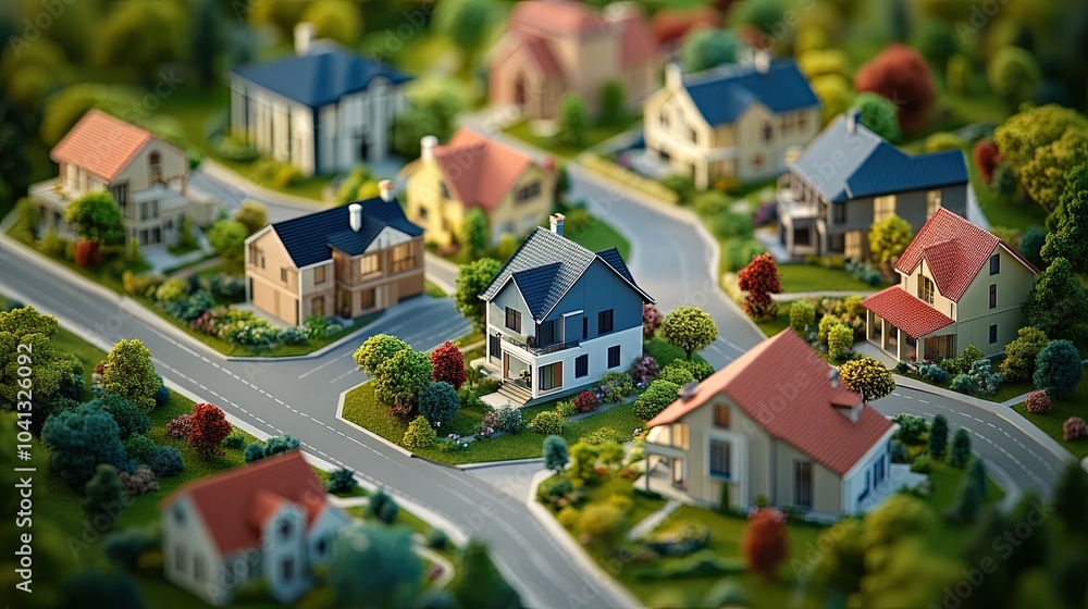 Isometric architecture model of a residential neighborhood, with houses, gardens, and winding streets Isometric architecture model of a residential neighborhood, with houses, gardens, and winding streets