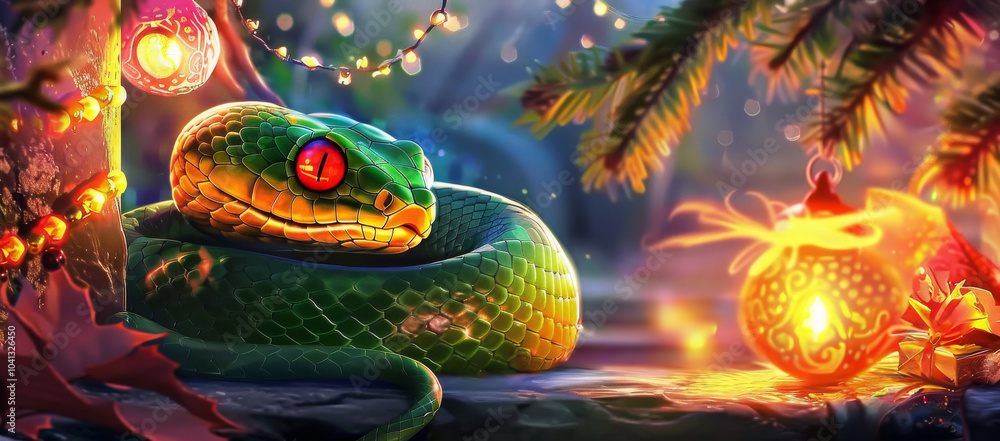 A vibrant green snake with striking red eyes is coiled gracefully among autumn leaves and glowing lanterns. the scene is illuminated by warm, golden light, A vibrant green snake with striking red eyes is coiled gracefully among autumn leaves and glowing lanterns. the scene is illuminated by warm, golden light,