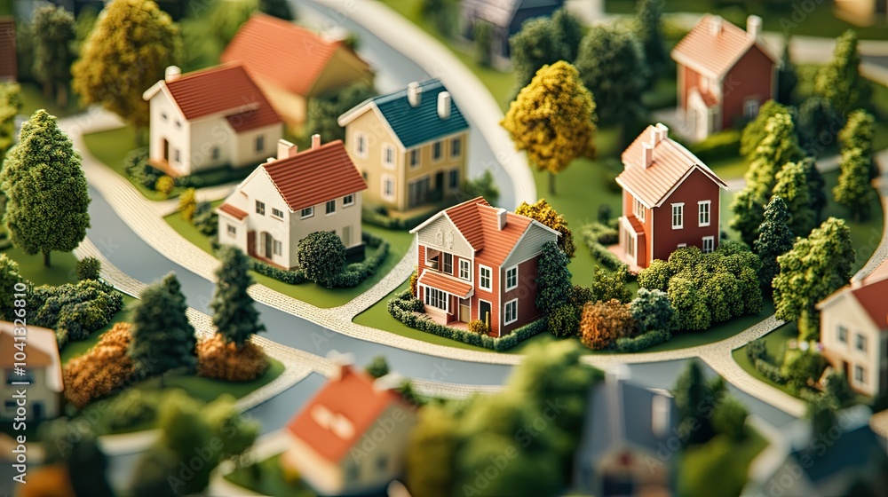 Isometric architecture model of a residential neighborhood, with houses, gardens, and winding streets Isometric architecture model of a residential neighborhood, with houses, gardens, and winding streets