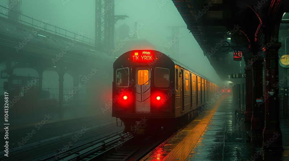 Fototapeta premium Train Station in Foggy City at Night