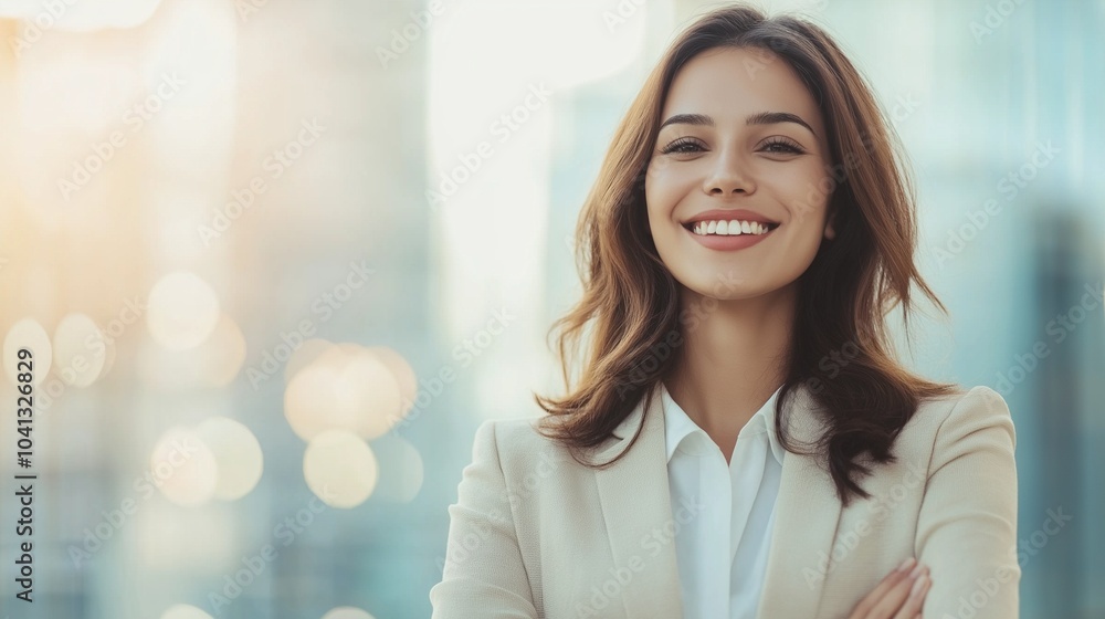 Young successful smiling pretty business woman, standing on big city urban street, success Young successful smiling pretty business woman, standing on big city urban street, success