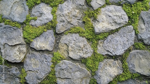 The weathered stone surface, adorned with moss and dirt, showcases a blend of earthy green and gray hues, exuding a natural ruggedness.