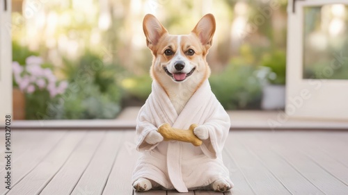 Dog wearing a bathrobe, holding a bone, sitting on a deck, natural lighting, garden in the background   perfect for outdoor pet lifestyle stock photo