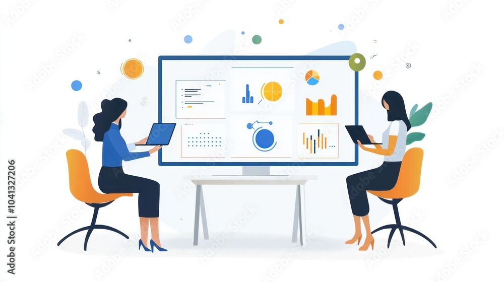 Fototapeta premium Two women are sitting at a desk in front of a large monitor