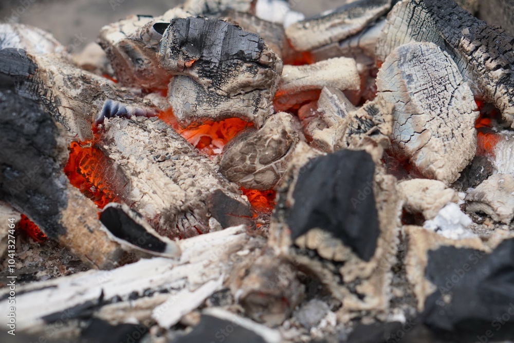 Red Coals In Dying Fire Close-Up With Wood Ash Red Coals In Dying Fire Close-Up With Wood Ash