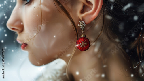 Elegant earrings featuring a red christmas ornament and snowflake detail, adding a touch of festive charm. ideal for holiday celebrations and seasonal fashion statements, showcasing photo