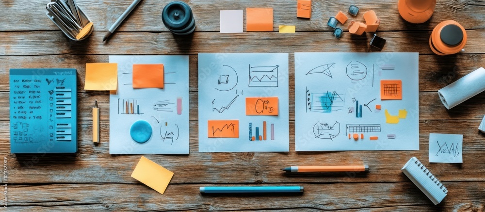 Three sheets of paper with hand-drawn charts, graphs, and notes, surrounded by pens, sticky notes, and other office supplies on a wooden table. Three sheets of paper with hand-drawn charts, graphs, and notes, surrounded by pens, sticky notes, and other office supplies on a wooden table.