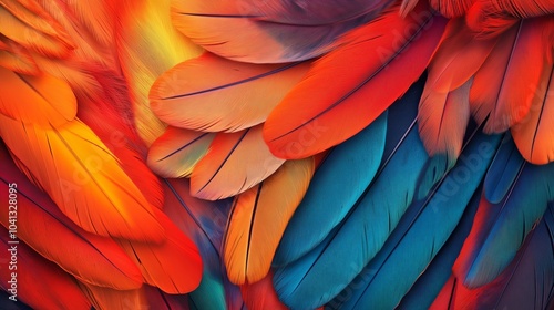 Colorful of bird's feathers with red yellow orange and blue shades photo