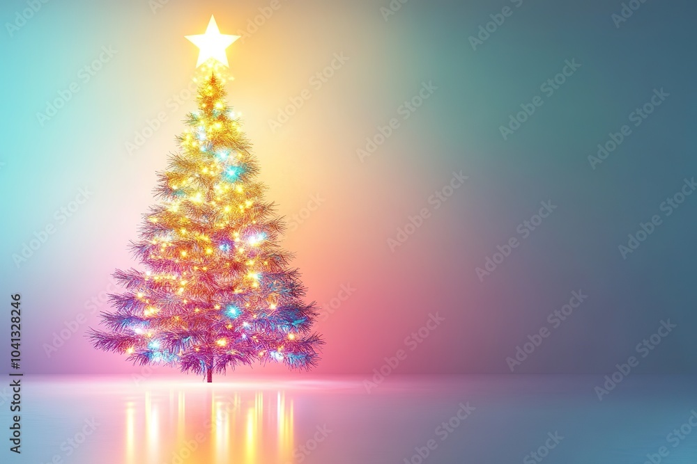 Illuminated Christmas tree with a bright star on pastel backgrou Illuminated Christmas tree with a bright star on pastel backgrou