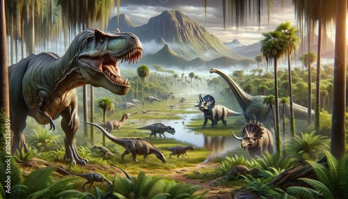 Realistic Digital Artwork of a Prehistoric Scene with Roaring Tyrannosaurus Rex, Grazing Herbivorous Dinosaurs, Lush Swampy Landscape, Flying Pterosaurs, and Distant Mountain Range